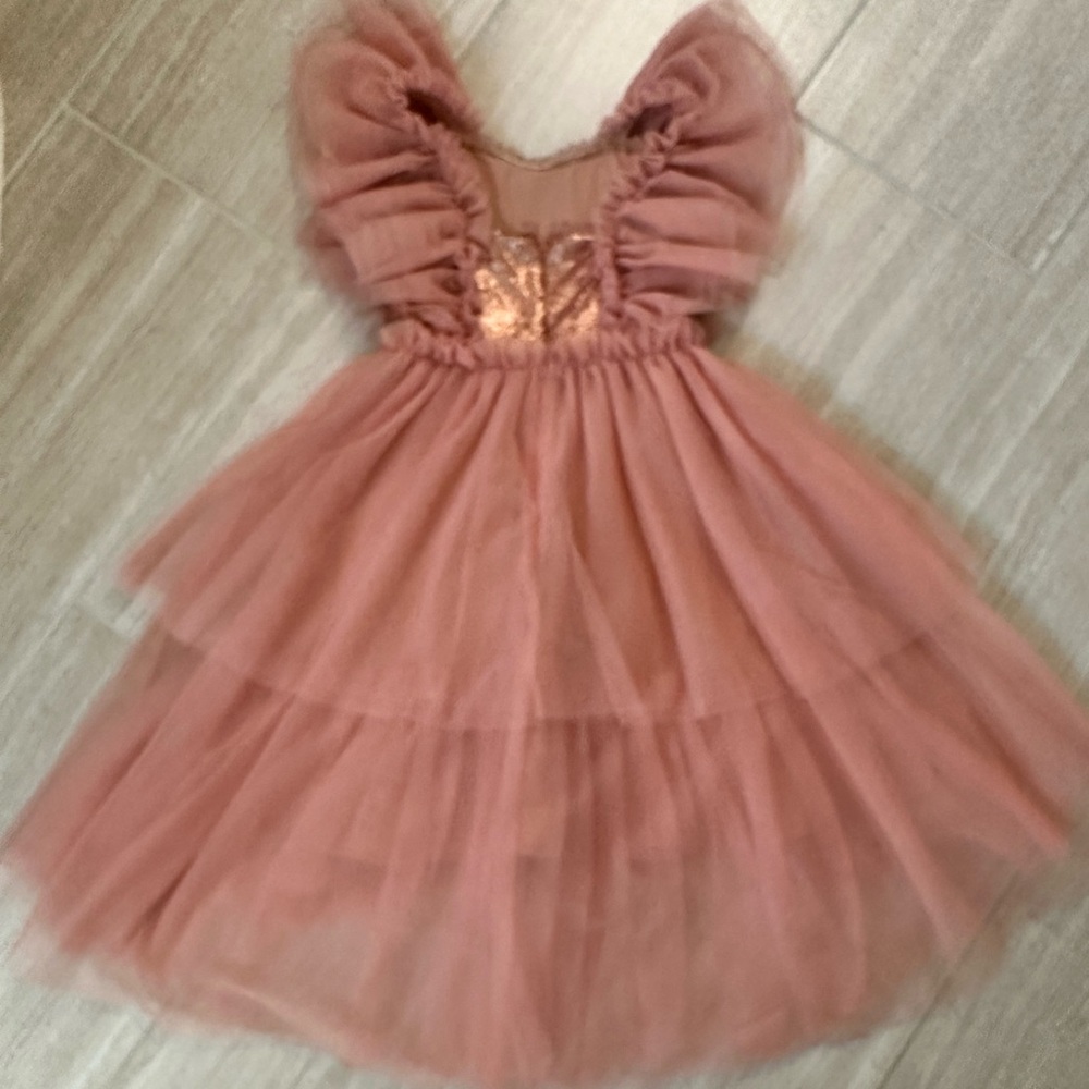 Girls Dusty Rose Tulle Party Dress with Sequin Bodice - Picture 2 of 4